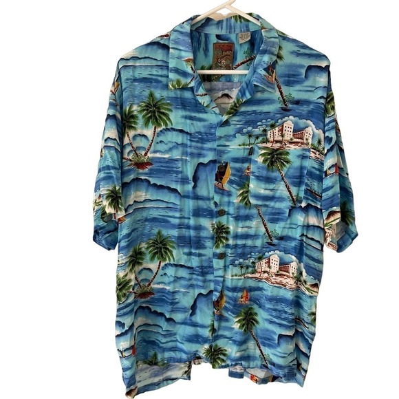 Vintage Pineapple Connection Rayon Surfer Palm Trees Hawaiian Shirt Sz Large - Picture 1 of 5